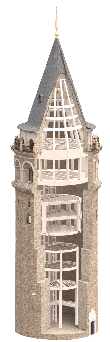 Galata Kulesi cephe ve taşıyıcı sistem süperpoze model renderı